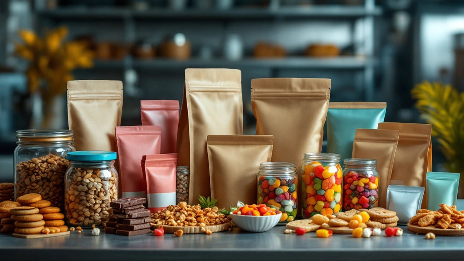 Composição de produtos alimentares shelf stable: snacks, candies, granolas e nuts prontos pra prateleira